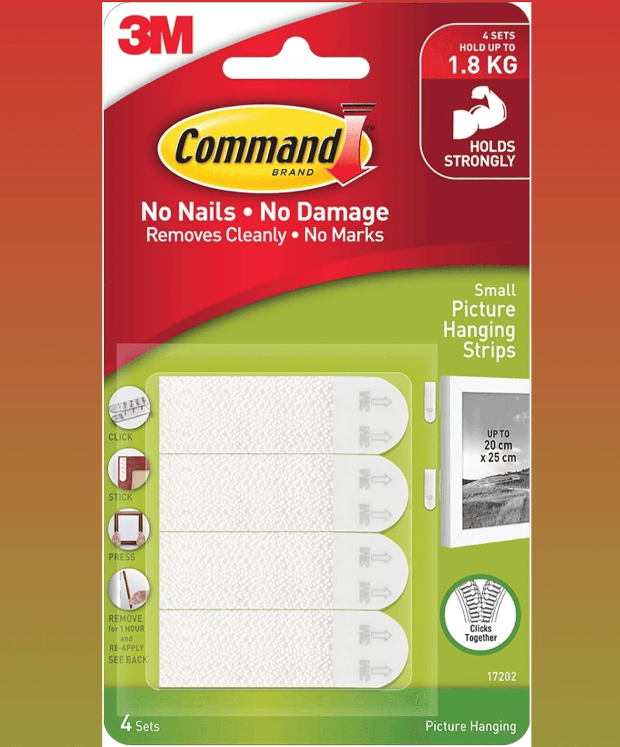 3M Command Picture Hanging Strips, No Damage Wall Strips, Pack of 4 Pairs