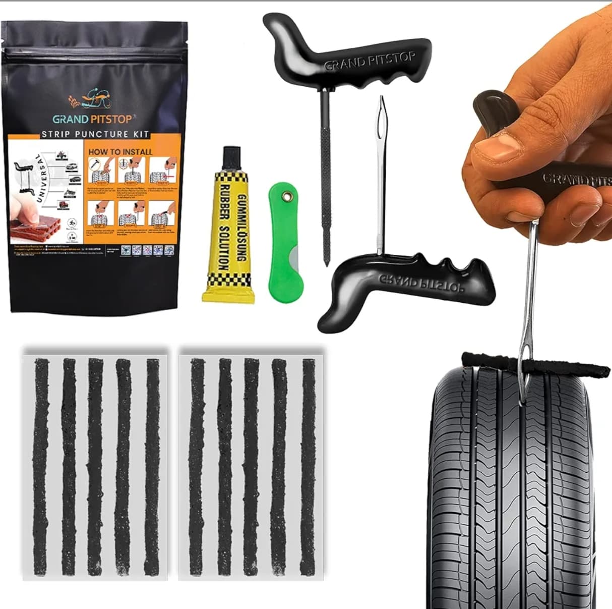 Universal Tubeless Tyre Puncture Repair Kit with 10 Strips for Cars Bikes Trucks