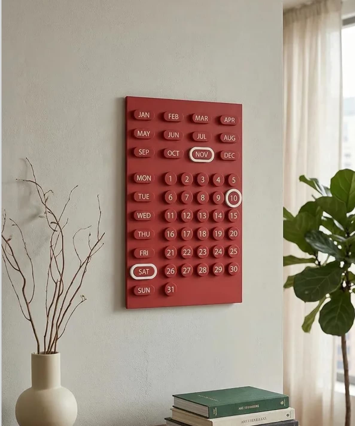POLKA Reusable Wooden Perpetual Calendar for Wall and Desk, Aesthetic Home Decor, Red