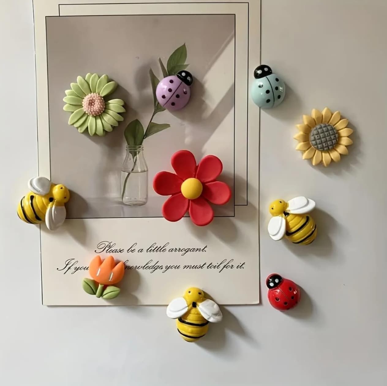 Resin Flower Bee and Ladybug Fridge Magnets, Set of 10 Aesthetic Kitchen Decor