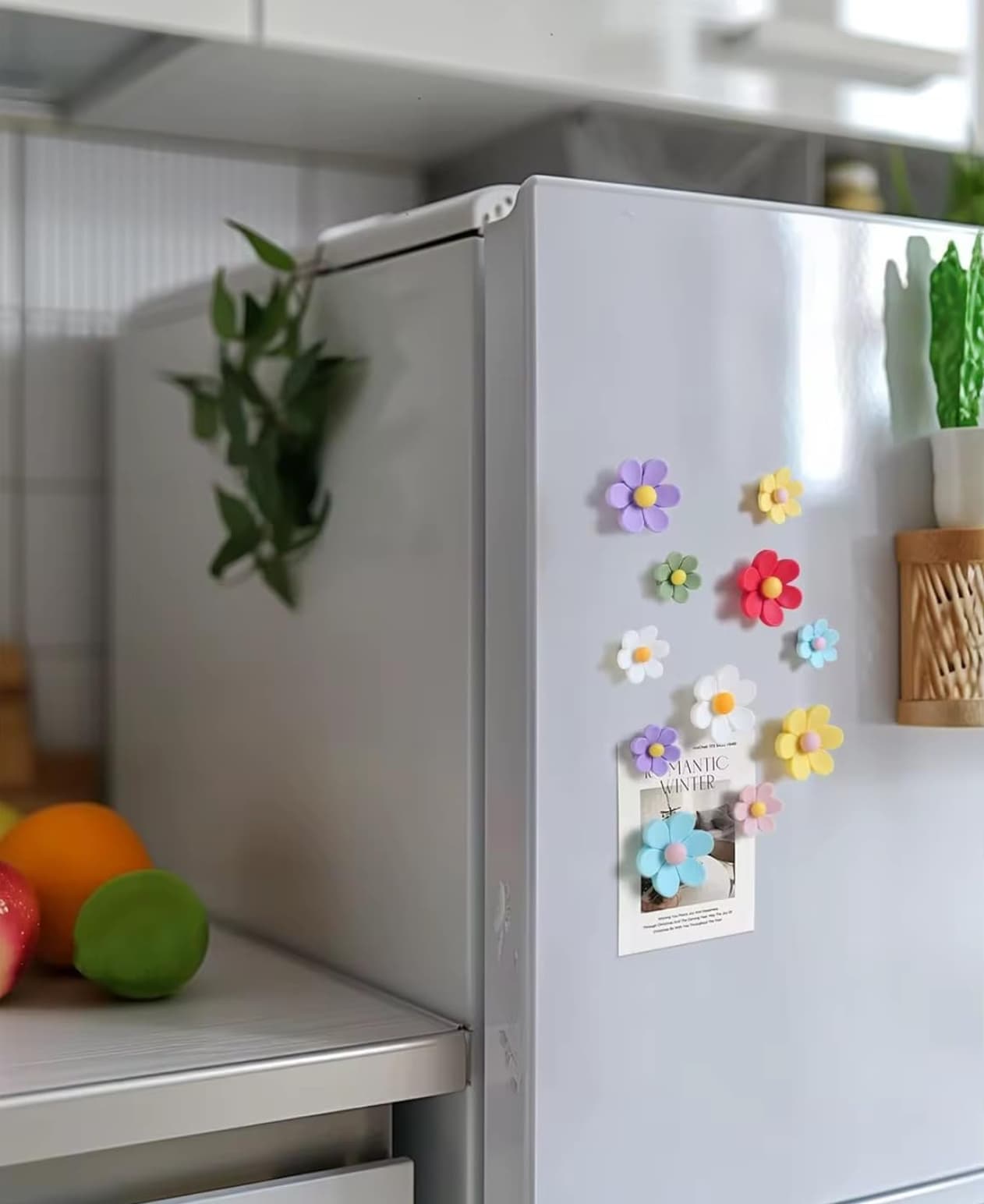 Pastel Daisy Flower Fridge Magnets, Set of 15 Cute Minimalist Kitchen Decor