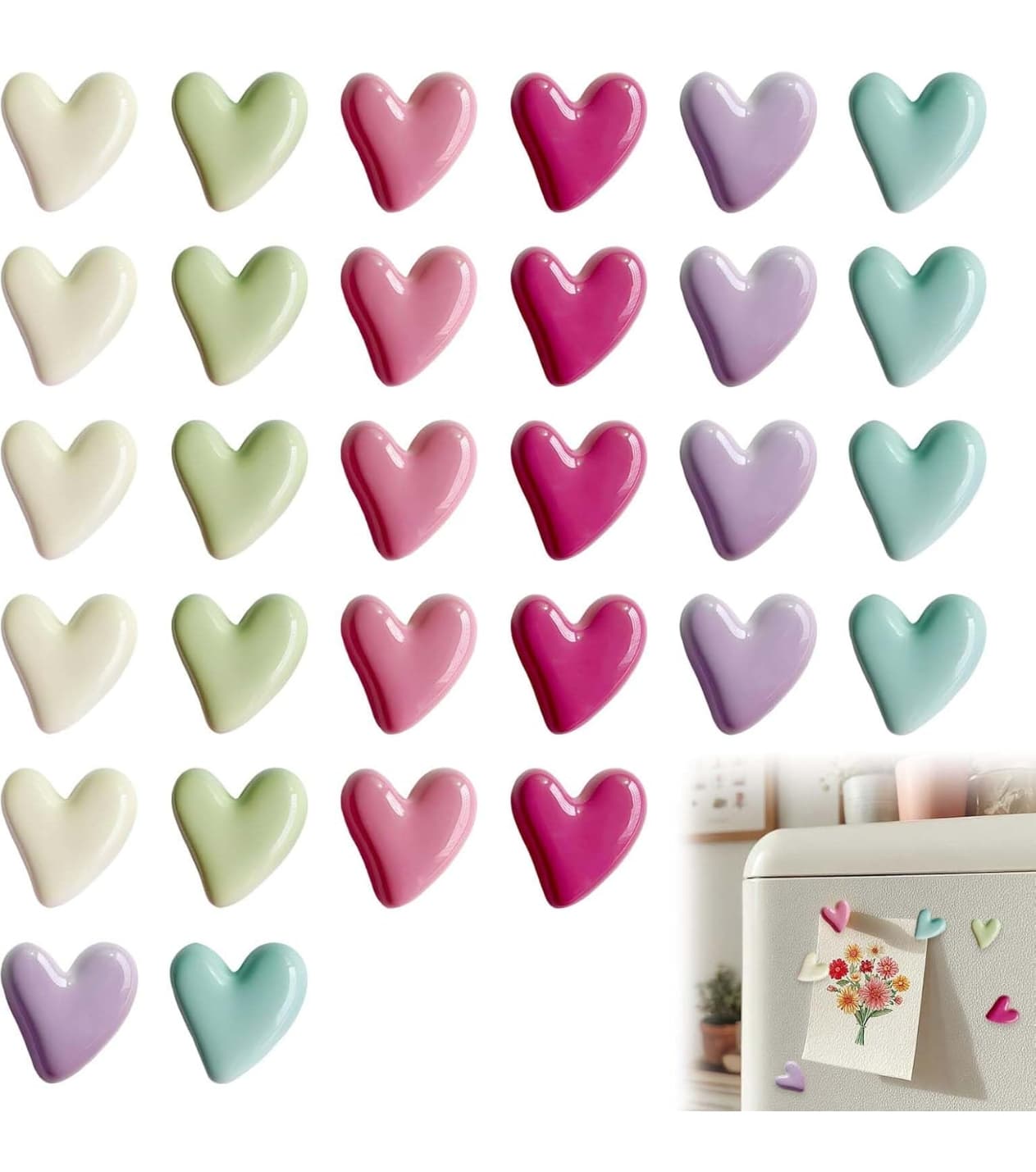 Pastel Ceramic Heart Fridge Magnets, Set of 20 Glossy Multicolour Kitchen Decor