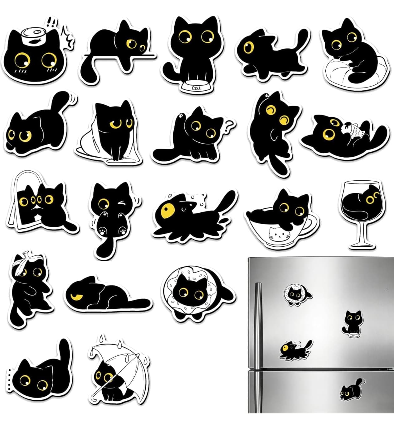 Black Cat Illustrated Fridge Magnets, Set of 20 Cute Aesthetic Kitchen Decor