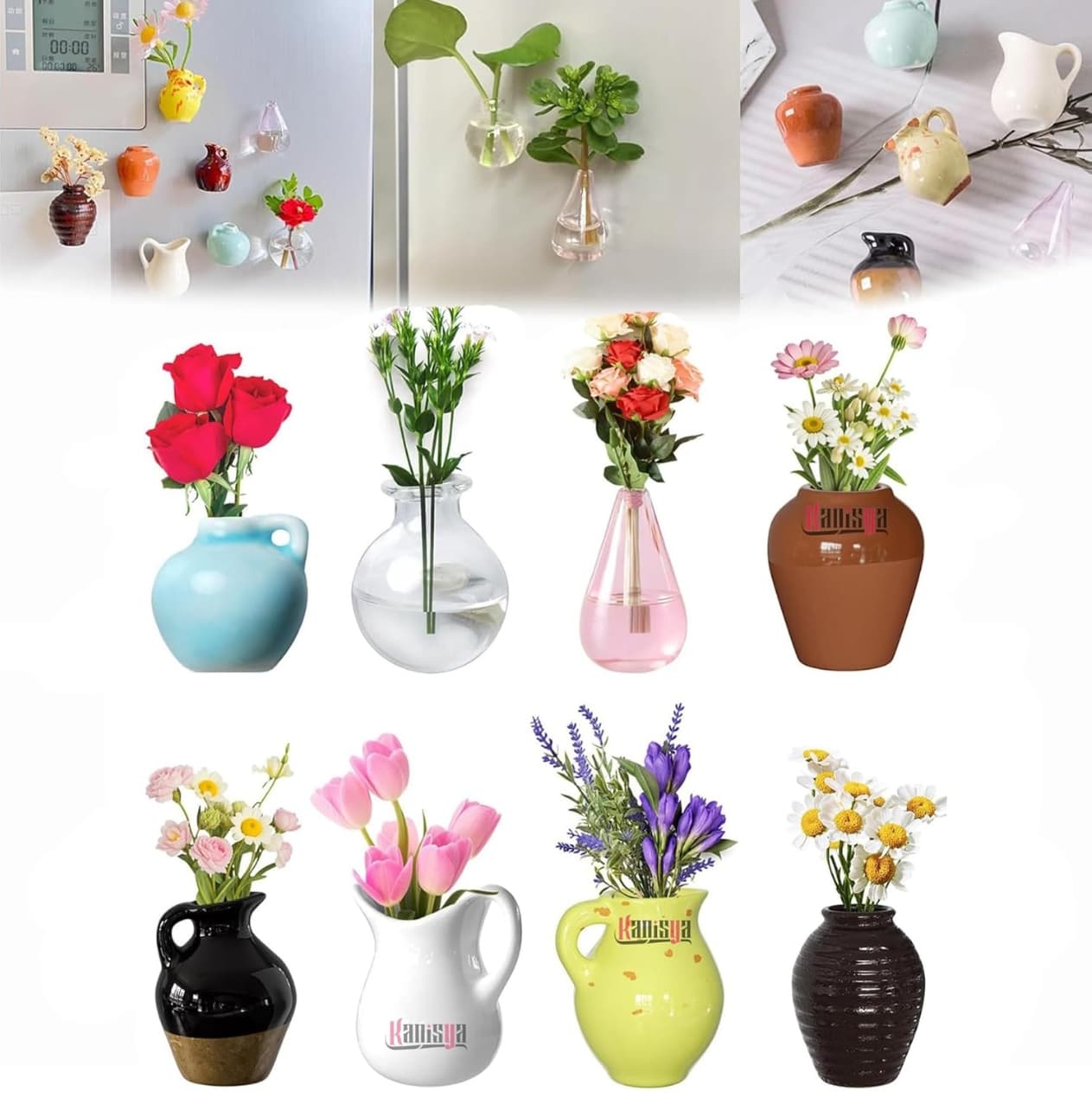 Mini Magnetic Vases for Fridge AC and Metal Surfaces, Set of 8 Tiny 3D Plant Holders
