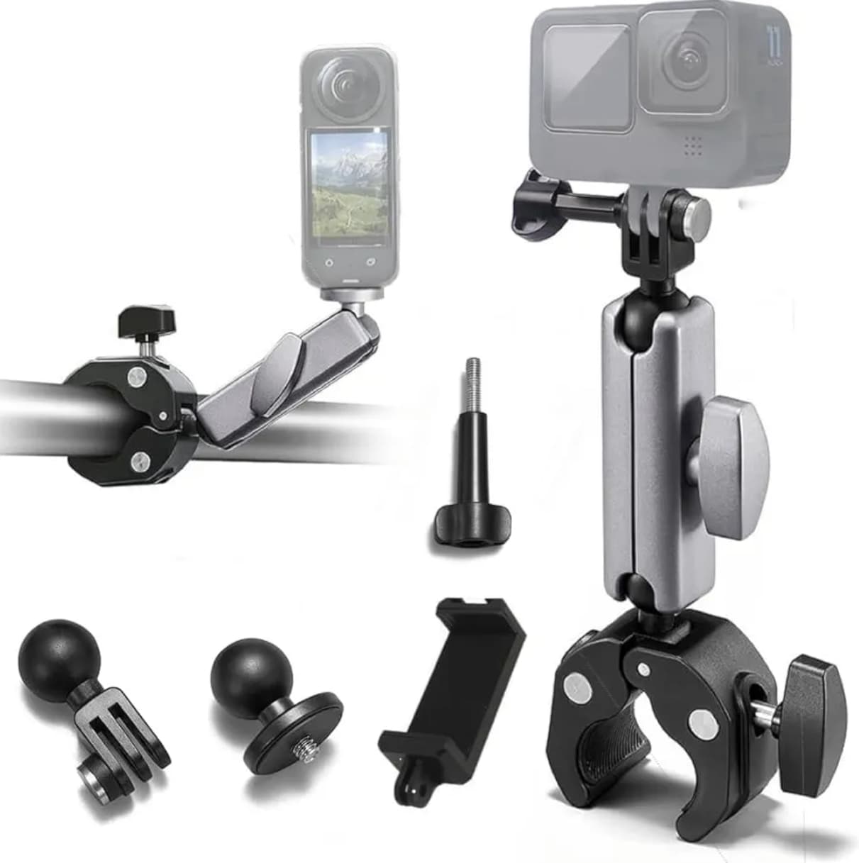 Bike Handlebar Super Clamp Mount with 360° Ball Head for Action Camera and Phone