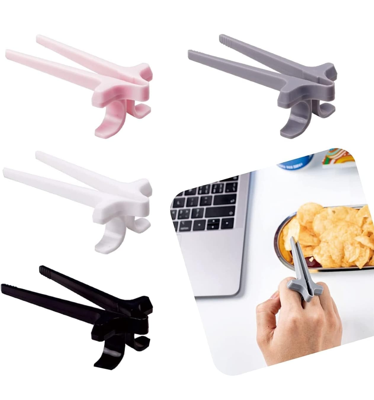 Finger Chopsticks Snack Grabber Clips for Gamers, Pack of 4 Multicolour Chip Tongs