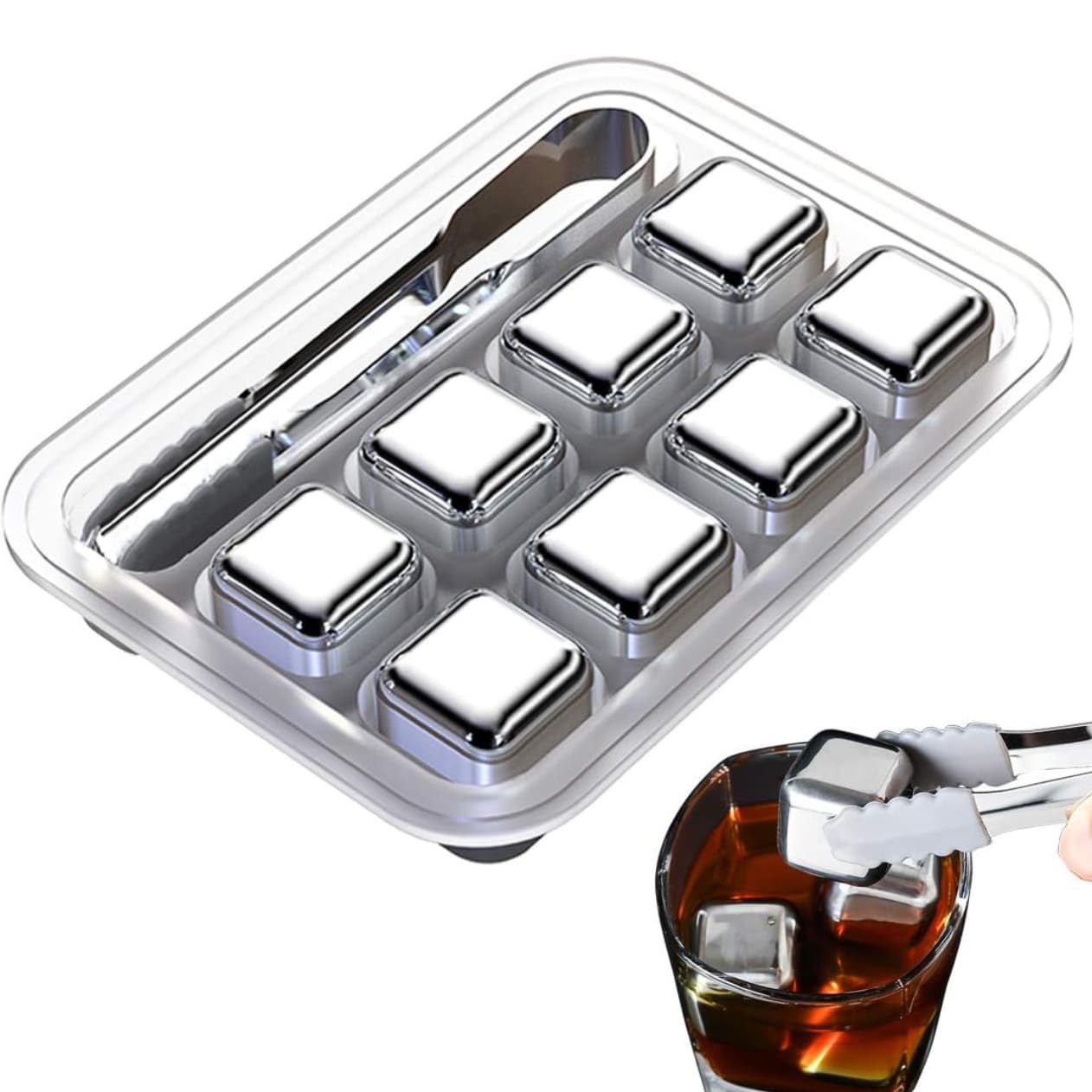 Stainless Steel Reusable Whiskey Ice Cubes Set of 8 with Silicone Tongs and Storage Tray