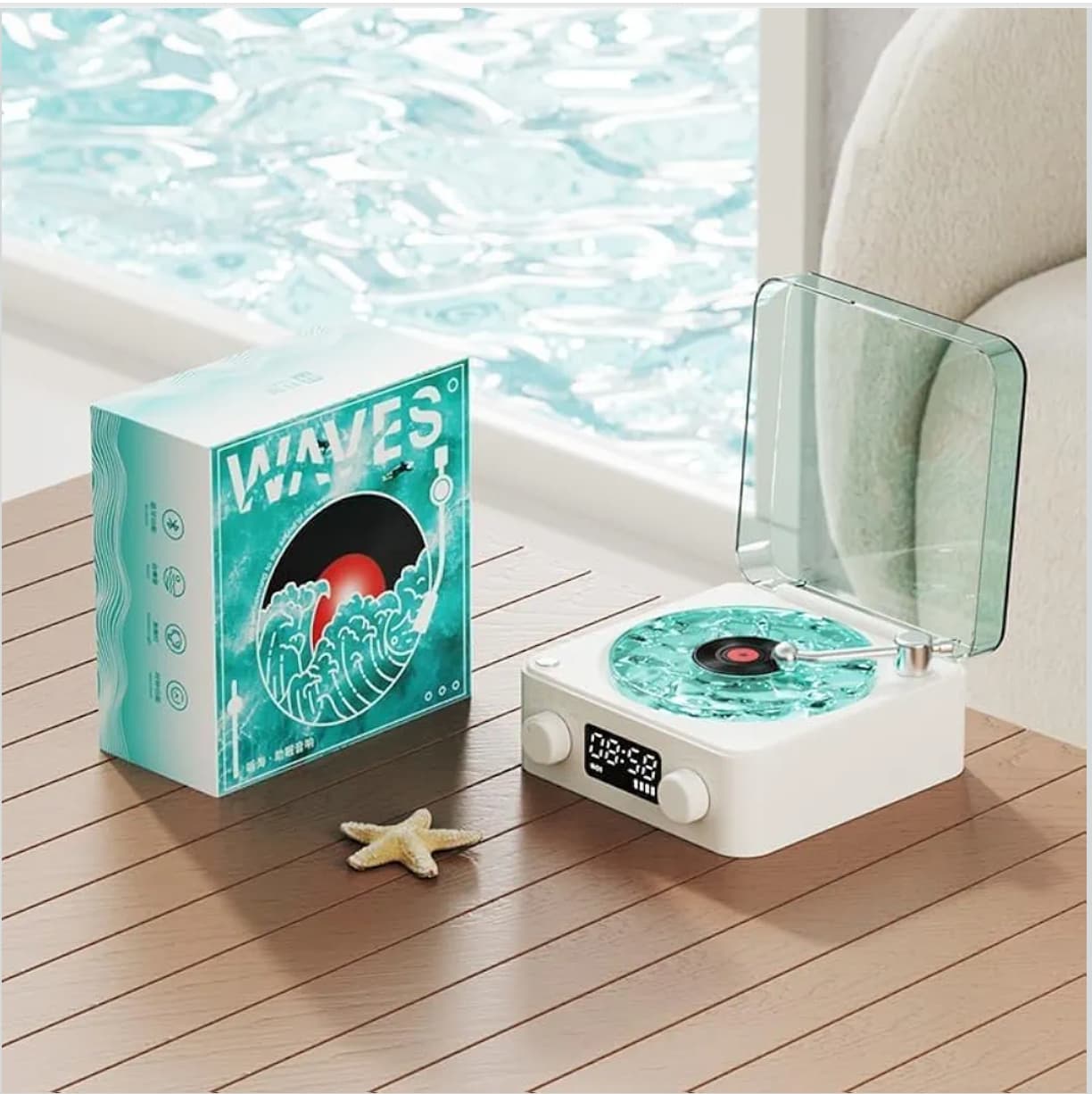 Retro Vinyl Turntable Bluetooth Speaker with Ambient Light and Clock, Aesthetic Desk Aqua White