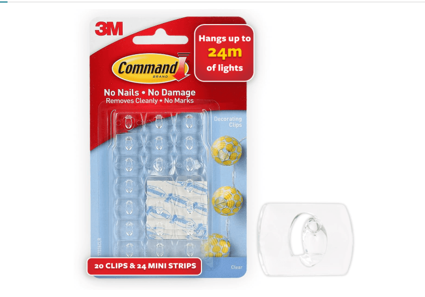 3M Command Decorating Clips Pack of 20 with 24 Mini Strips, Damage Free Wall Hooks for Fairy Lights Decor