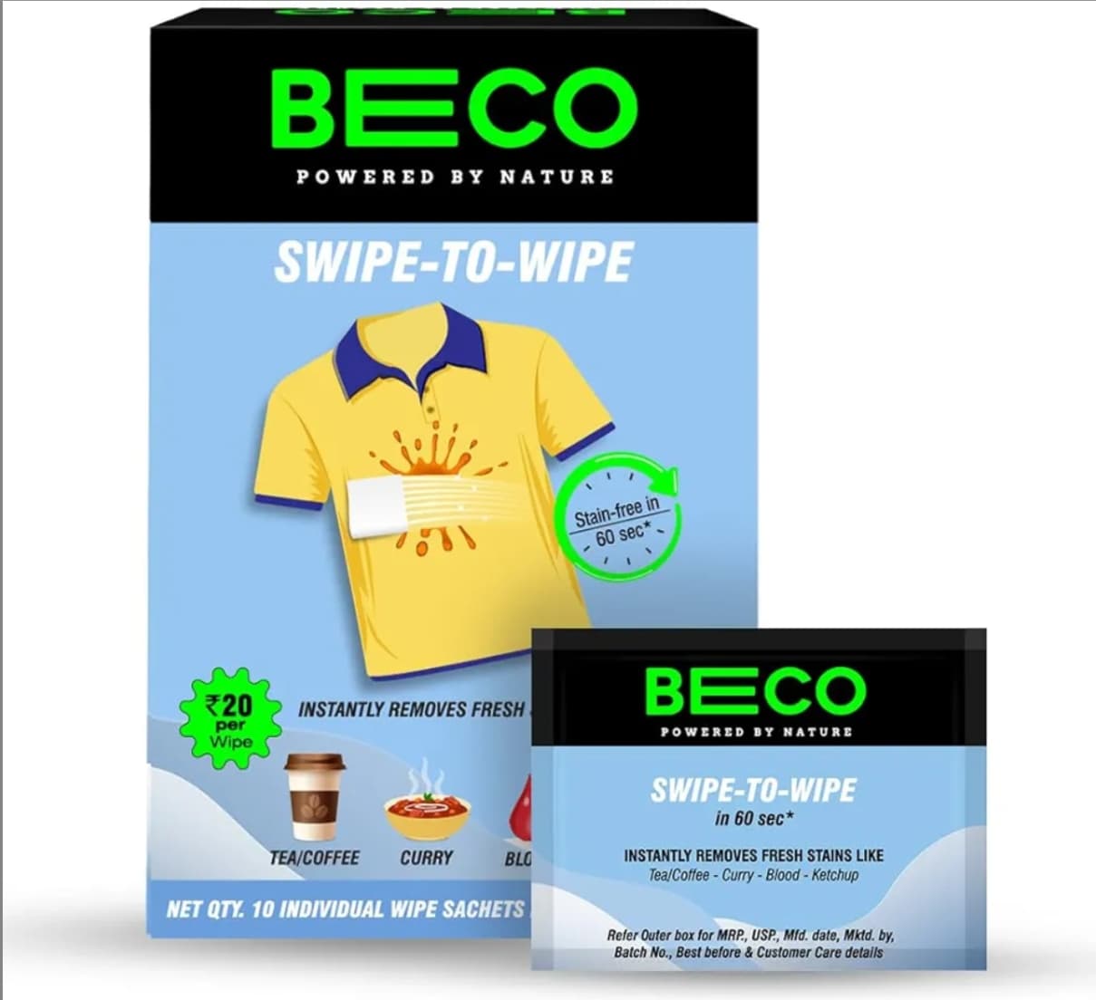 Instant Stain Remover Wipes Pack of 10, On the Go Swipe to Wipe Clothes Stain Remover Sachets