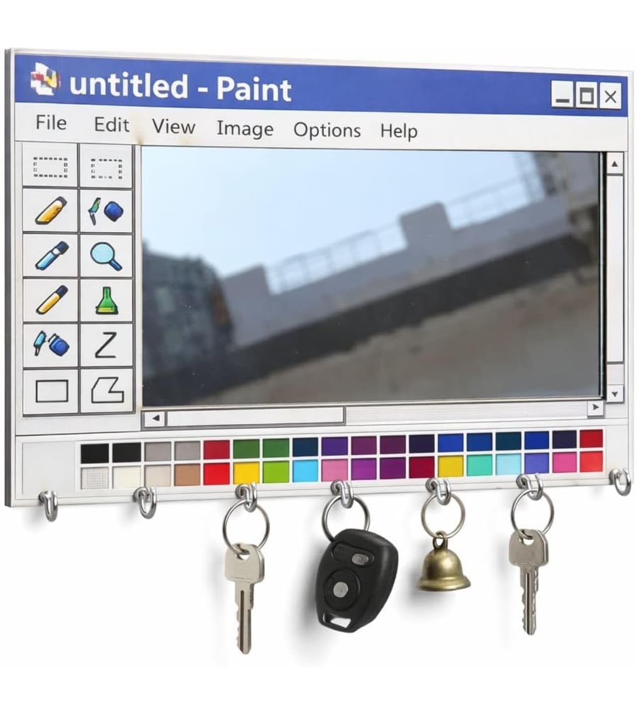 MS Paint Themed Wall Key Holder with Mirror, Retro 90s Computer Window Aesthetic Hooks and Mini Entryway Mirror