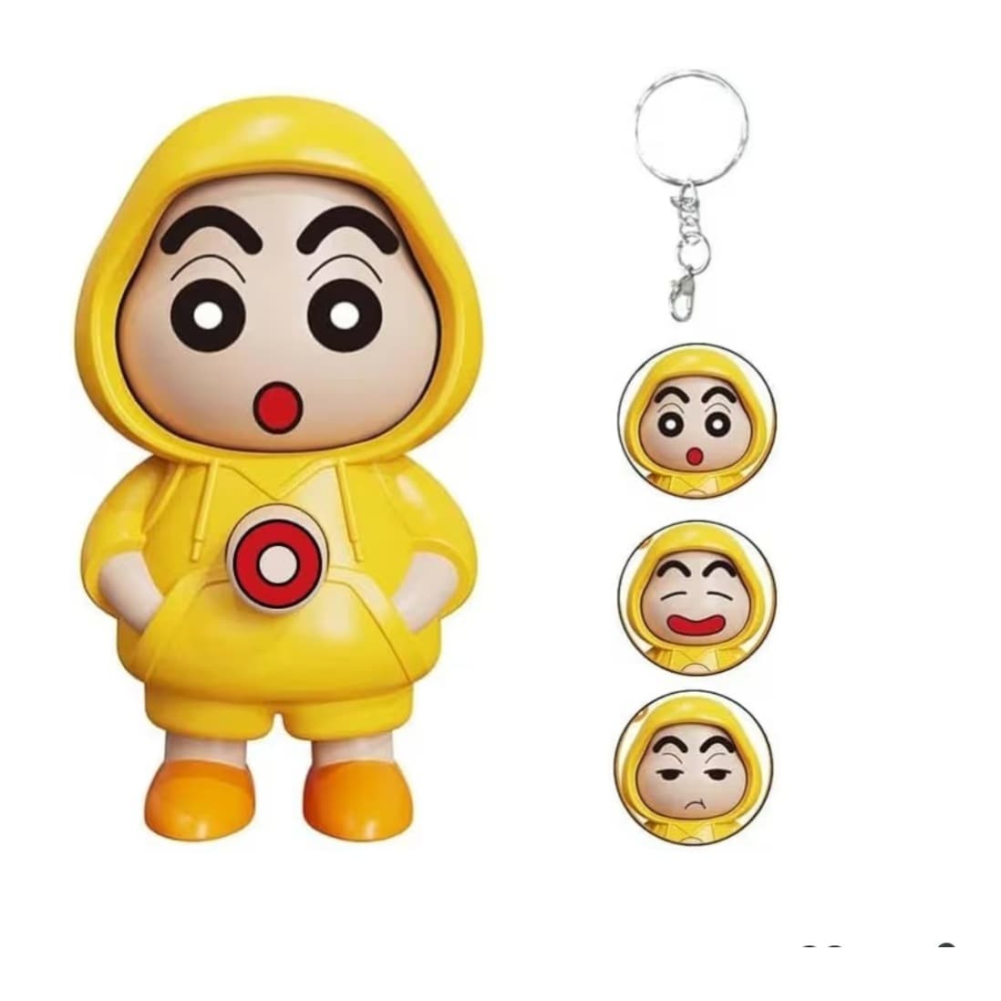 Shinchan Action Figure with 3 Interchangeable Expressions, Press Button to Change Face Collectible with Keychain
