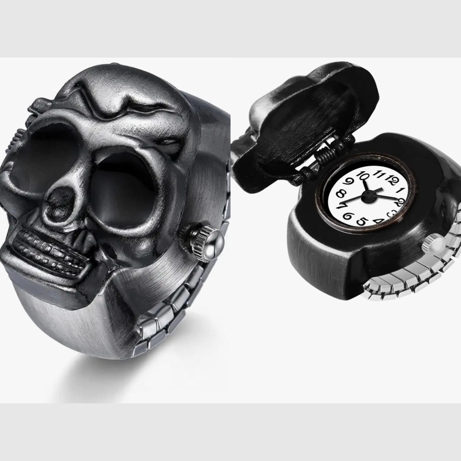 Skull Flip-Open Ring Watch, Punk Analog Finger Ring Watch that Opens to Show Time Black Green Brown