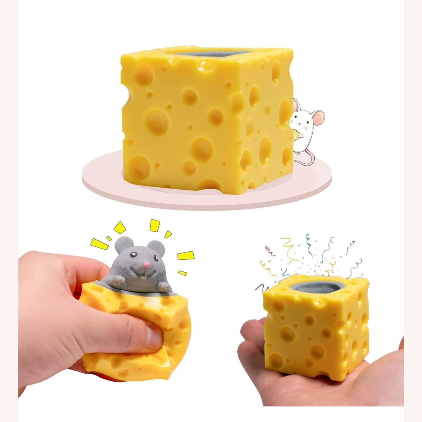 Squishy Cheese Block with Hidden Mouse, Squeeze to Pop Mouse Out Stress Relief Fidget Toy Gray White Brown
