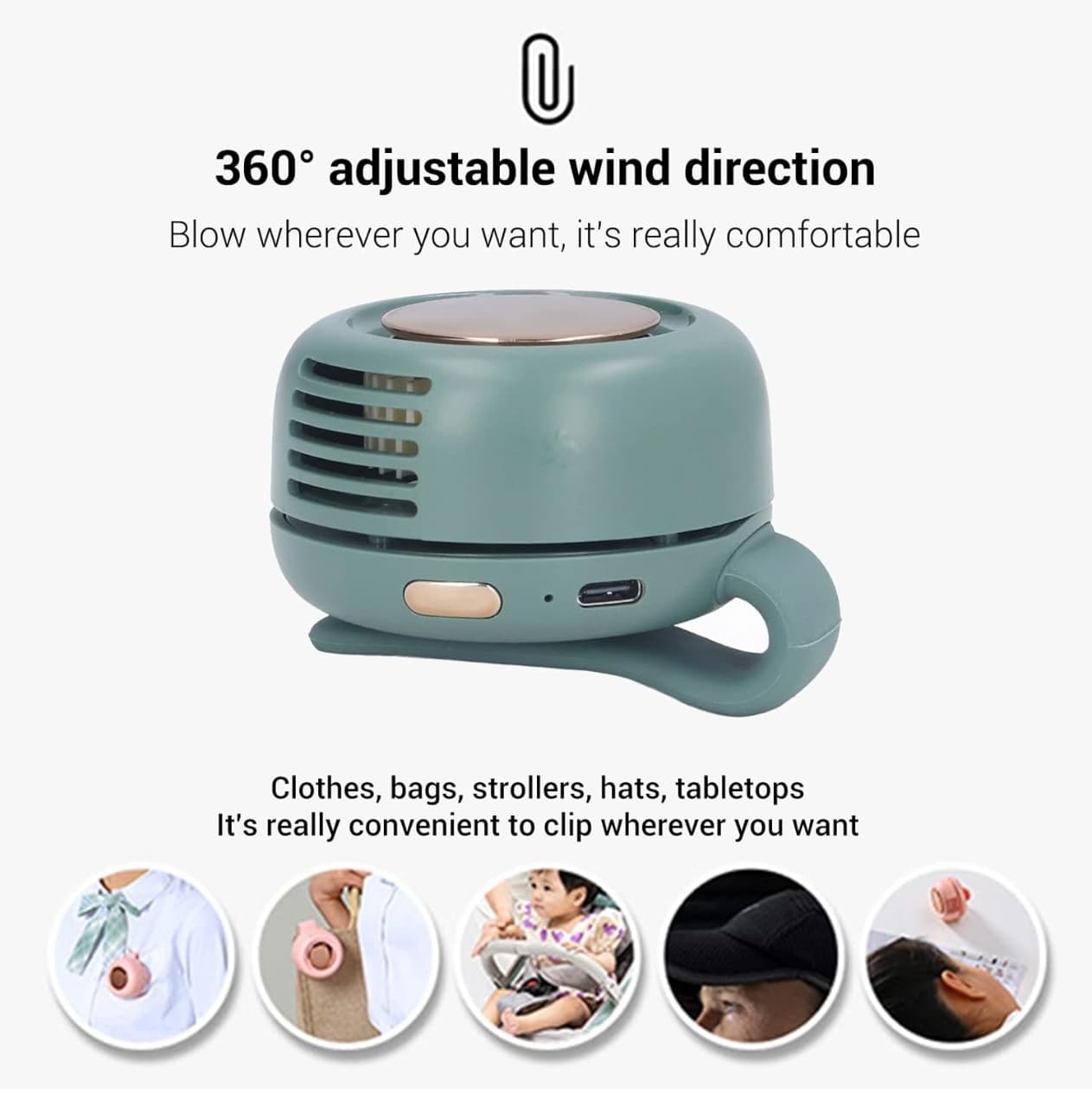 Portable Clip-On Mini Fan USB Rechargeable, 360 Degree Adjustable Bladeless Clip Fan for Clothes Bags Strollers