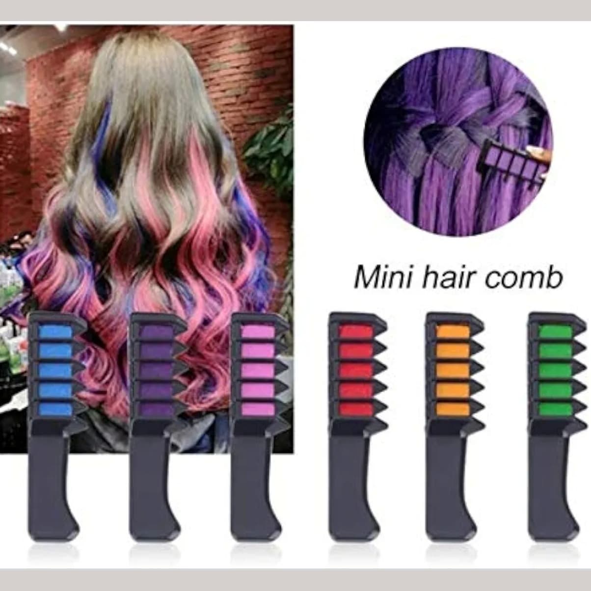 Temporary Hair Color Chalk Comb Kit Pack of 6, Disposable Instant Hair Dye Combs Multicolor No Bleach Needed