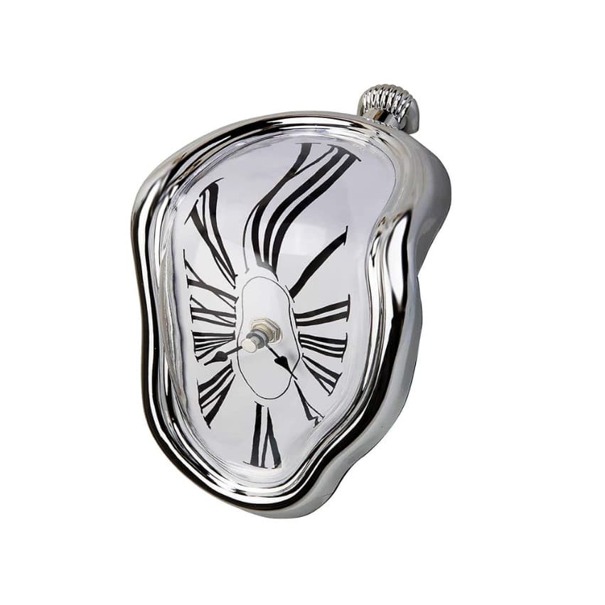 Melting Clock Desk Shelf Decor, Salvador Dali Inspired Dripping Clock Sculpture Silver Analog Roman Numerals