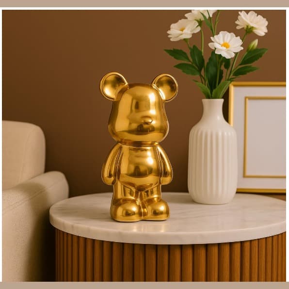 Golden Metallic Bear Shaped Desk Showpiece, Shiny Bear Figurine for Aesthetic Shelf TV Unit Modern Home Decor