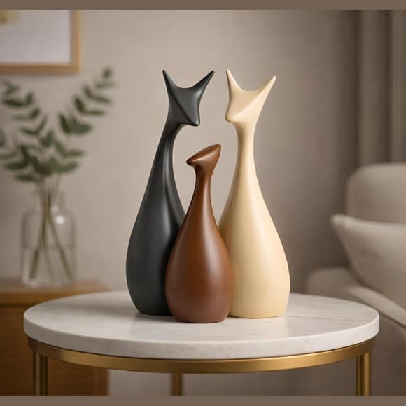 Matte Ceramic Deer Family Figurines Set of 3, Brown Minimalist Deer Showpiece for Shelf TV Unit Home Decor