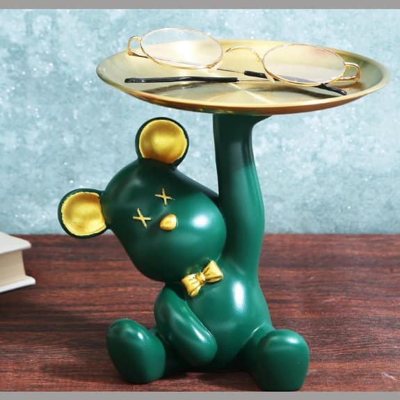 Green Resin Bear Statue with Metal Tray, 17.5 x 4.5 cm Organizer for Jewelry, Rings, Candy, Keys, Home Decor Showpiece
