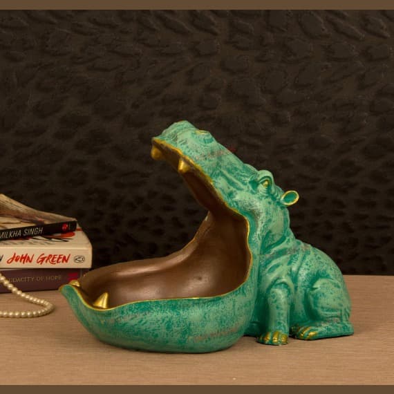 Big Mouth Hippopotamus Resin Storage Showpiece, Green Multipurpose Vanity Organiser