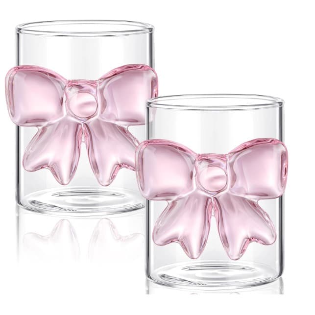 Pink Bow Glass Cups Set of 2, 300 ml Coquette Clear Drink Glasses