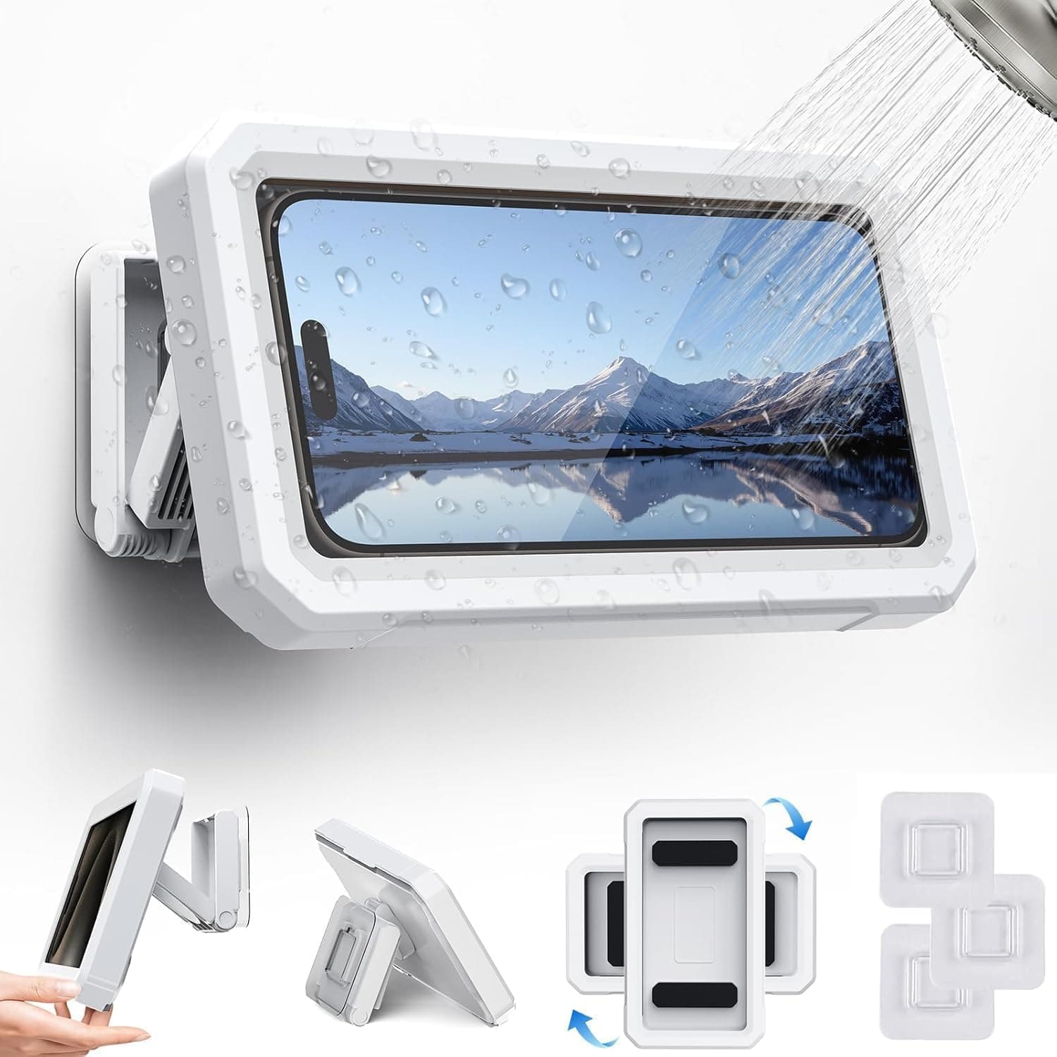 Waterproof Shower Phone Holder, Wall Mounted Anti-Fog Mobile Case with 360° Rotation