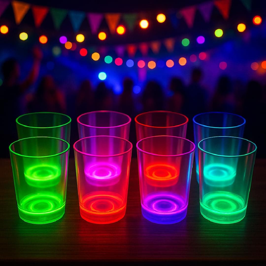 LED Glow Party Cups Set of 8 with Glow Sticks, 16 oz Neon Light Up Cups