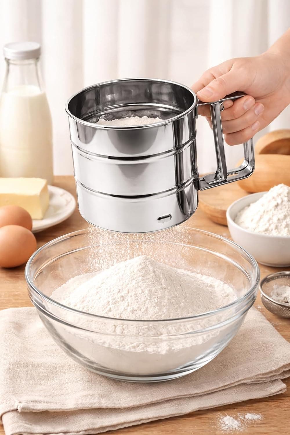 Stainless Steel Hand-Press Flour Sifter, Fine Mesh Atta Channi