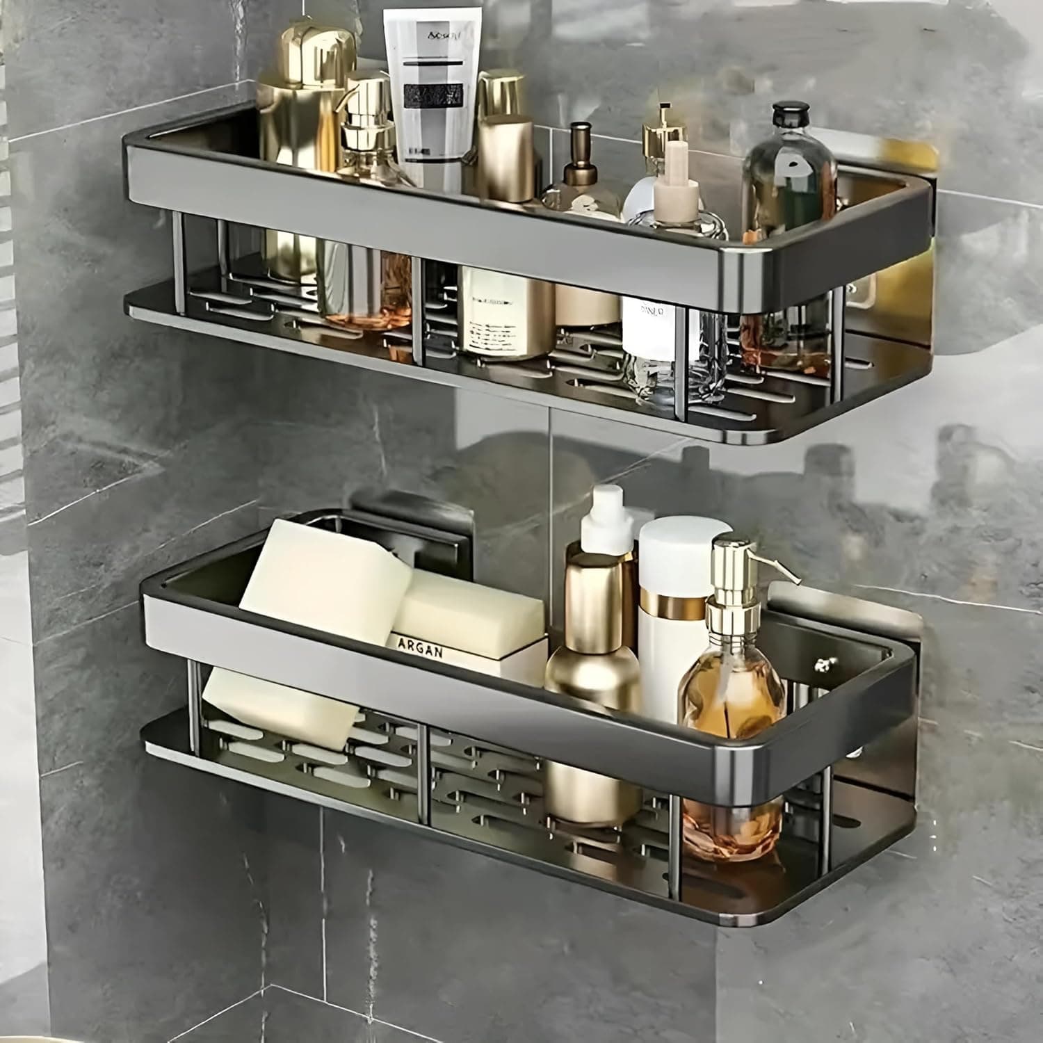 Self Adhesive Aluminium Bathroom Wall Shelf, Pack of 2 No-Drill Storage Rack