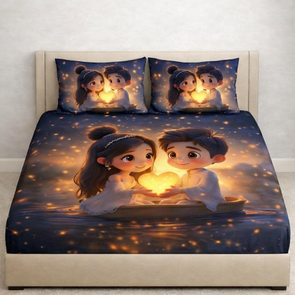 7D Digital Couple Print Double Bedsheet with 2 Pillow Covers