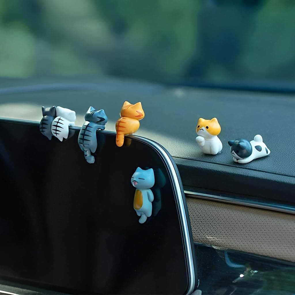 Mini Cat Dashboard Figurines Set of 6, Clip-On PVC Screen Top Ornaments