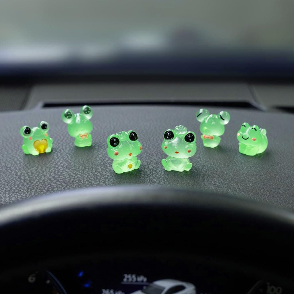 Mini Resin Glow-in-the-Dark Frog Figurines Set of 6, Transparent Green Dashboard Decor