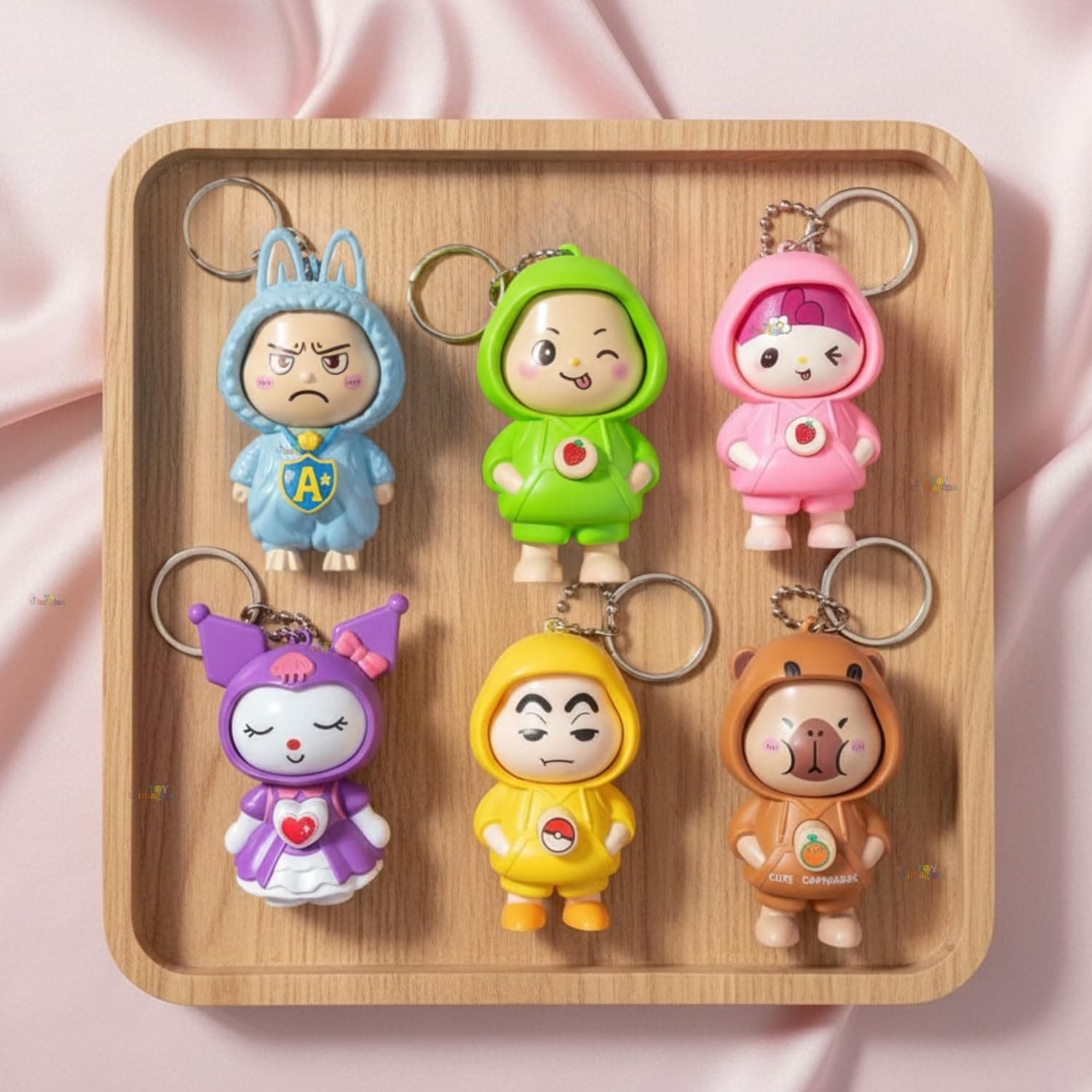Face Changing Cartoon Keychain Set of 6, Press Button Expression Toy Bag Charms