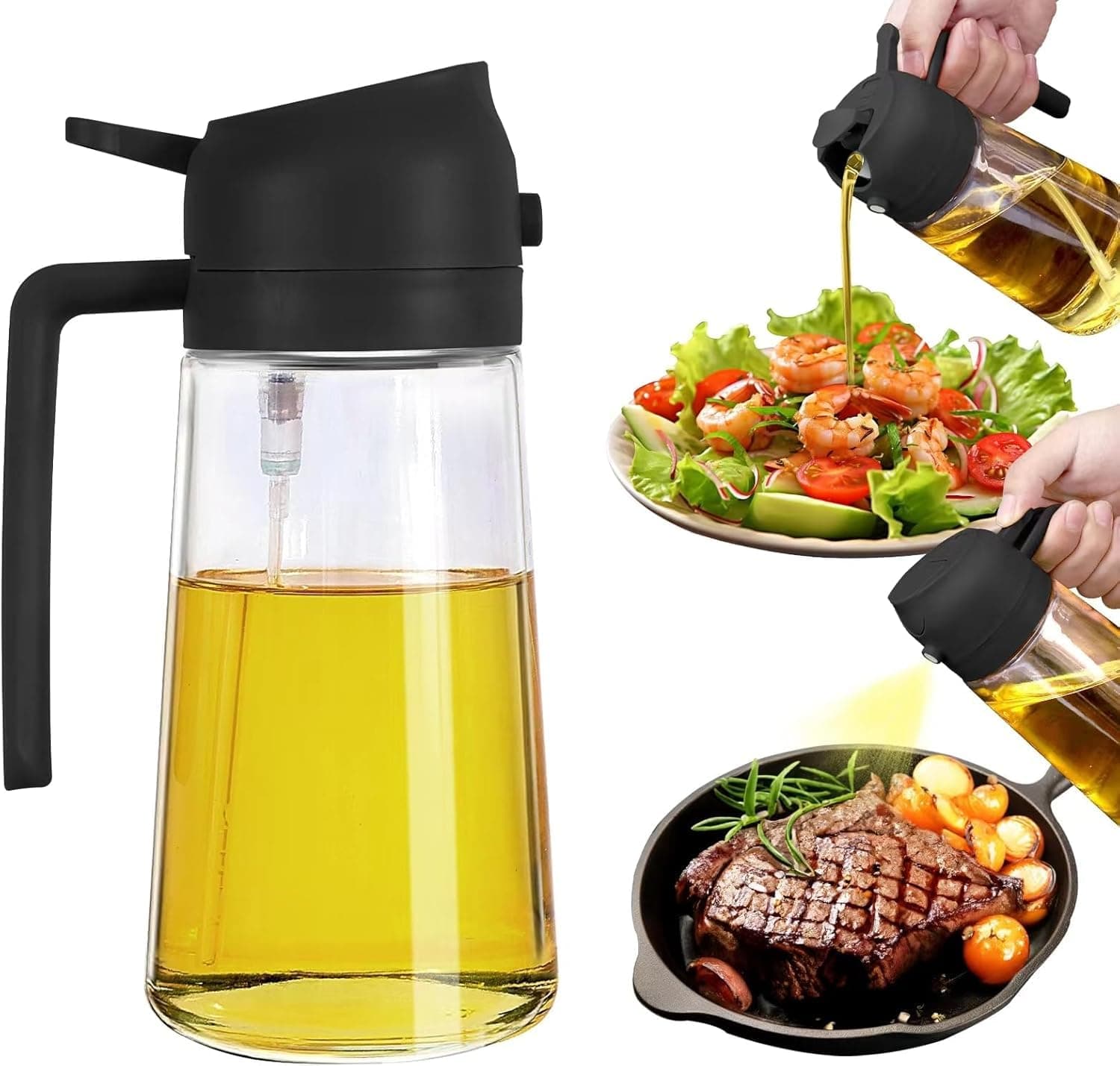 Glass Oil Sprayer and Dispenser Bottle, 500ml 2-in-1 Black