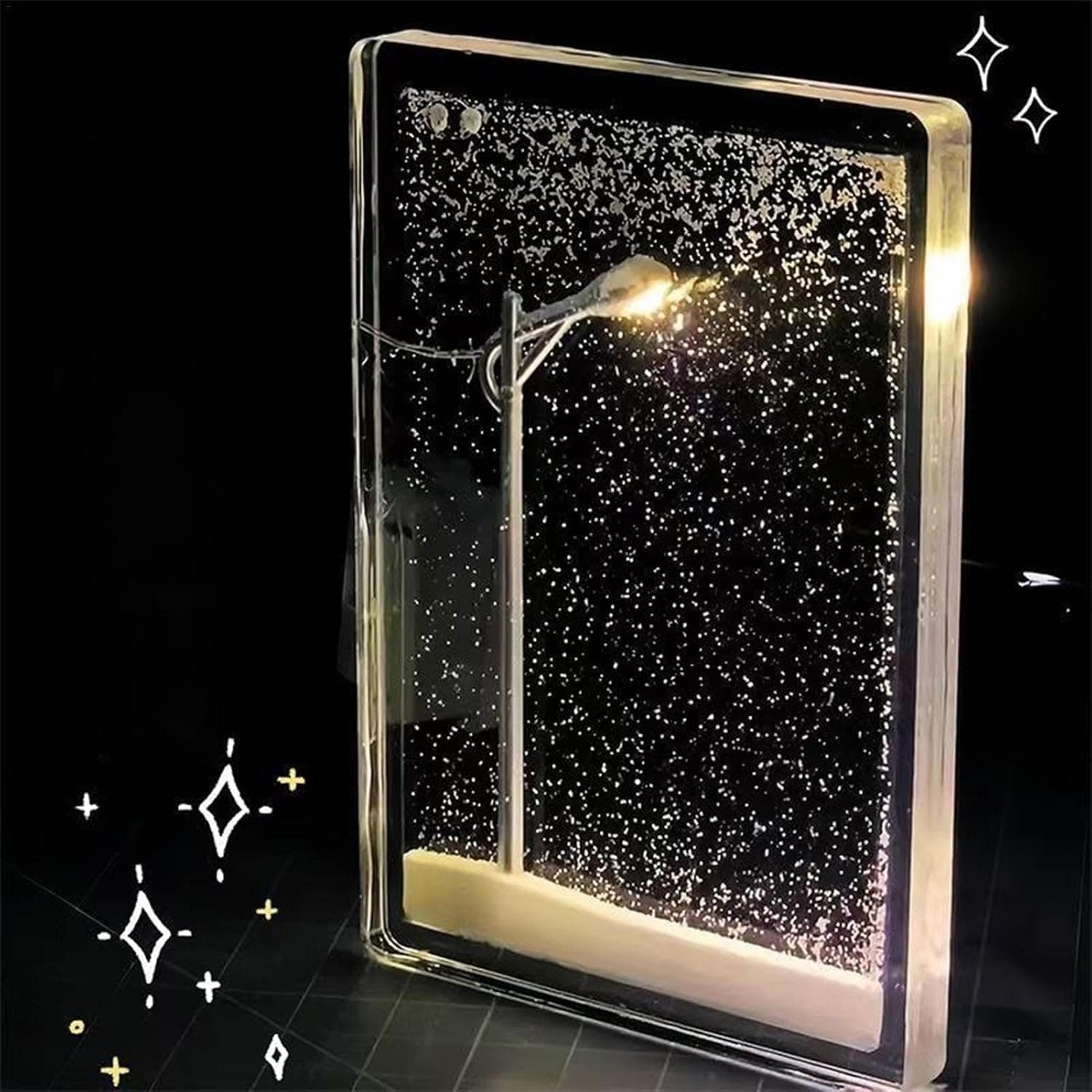Snowfall Effect Night Light, Slim White Table Lamp with Flowing Glitter