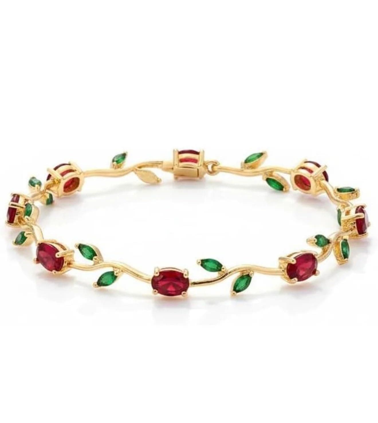 Floral Tulip Bracelet with Red Green Crystal Stones, Anti Tarnish Golden Chain Link