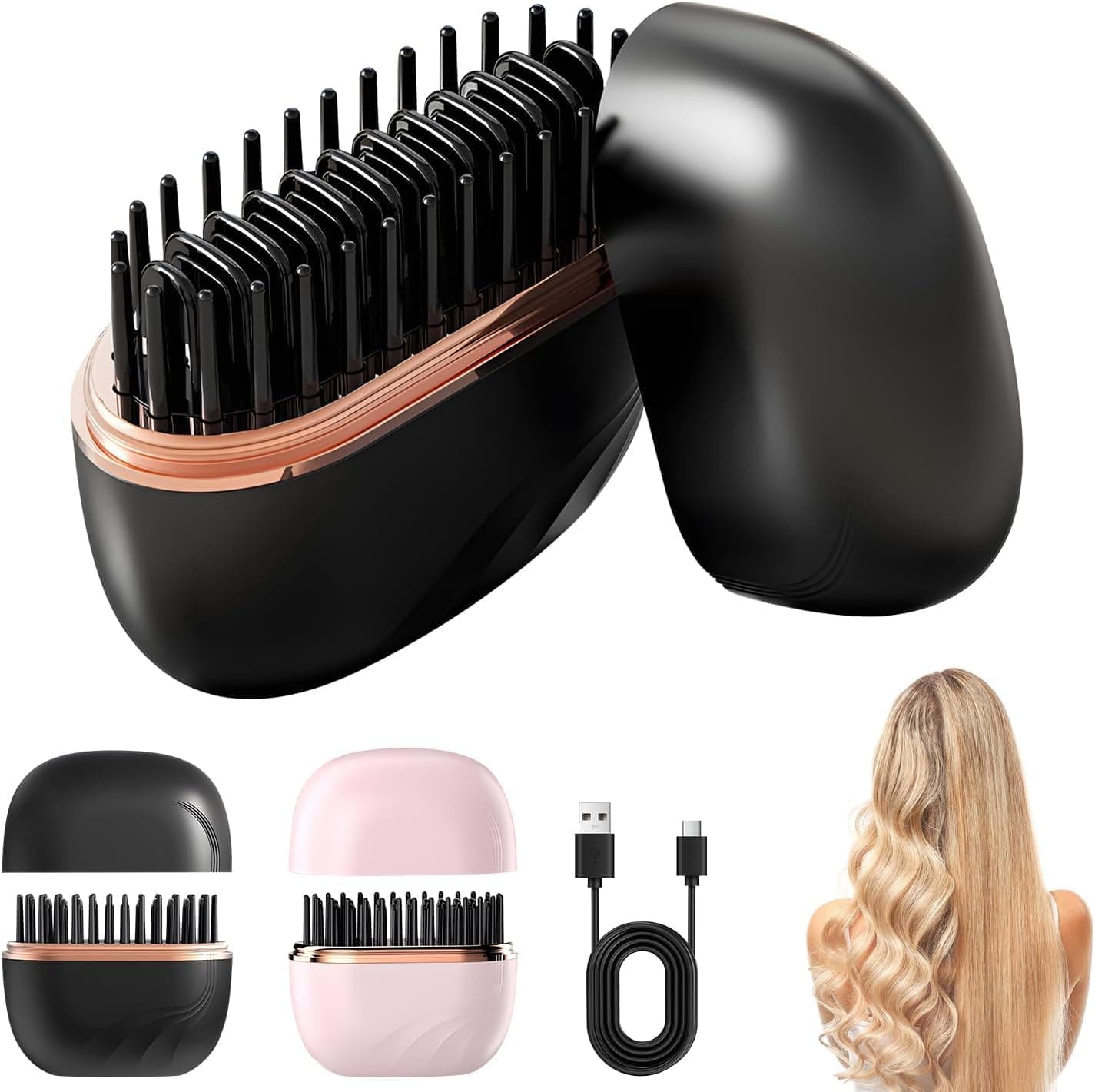 Mini Cordless Hair Straightener Brush, Rechargeable Portable Anti-Scald Styling Comb