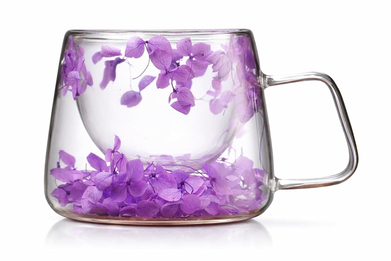 Double Wall Borosilicate Glass Cup with Purple Dried Flowers, 200 ml
