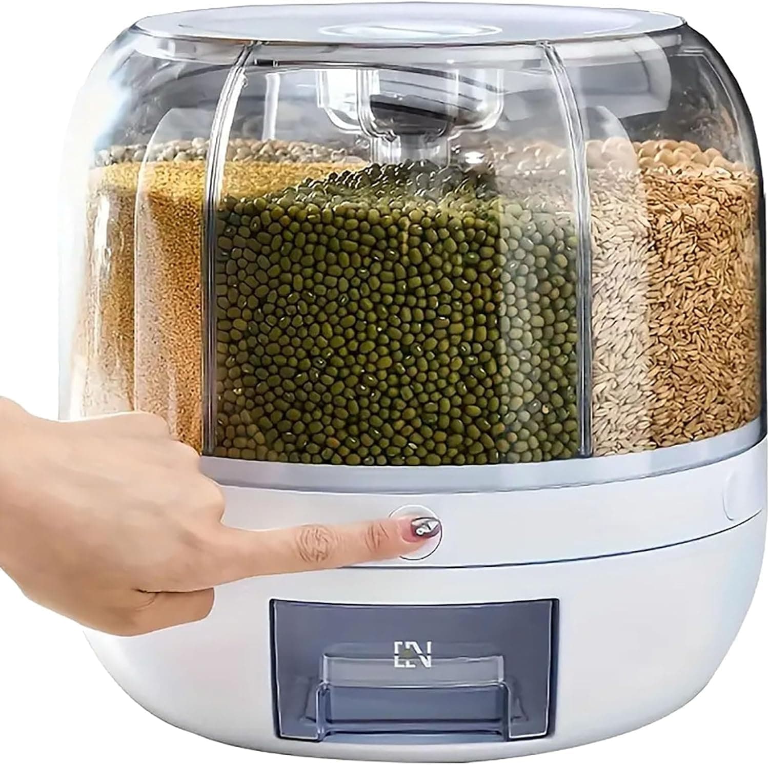 Rotating Grain Dispenser Storage Container, 6-Compartment Dry Food Organizer