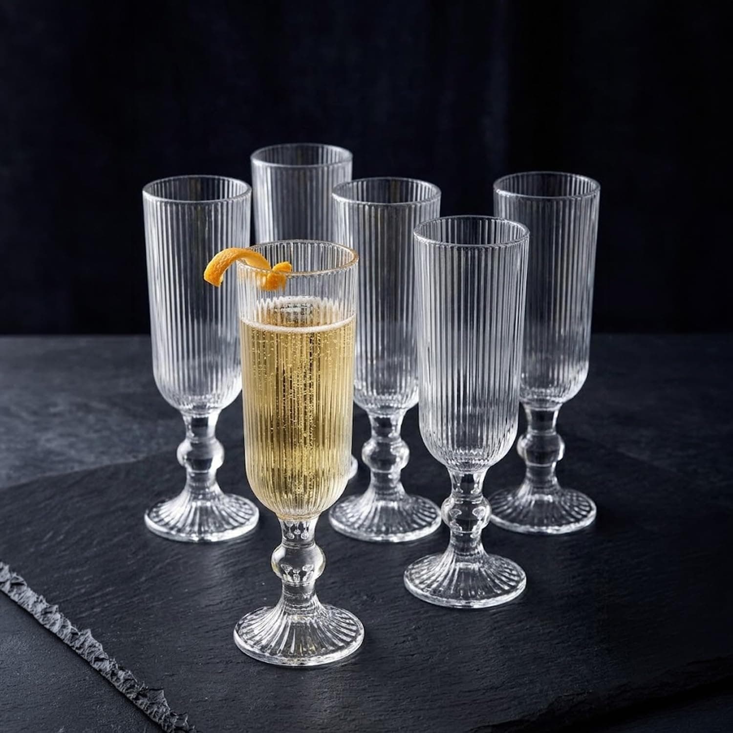 Ribbed Champagne Flutes Set of 6, 150 ml Clear Glass