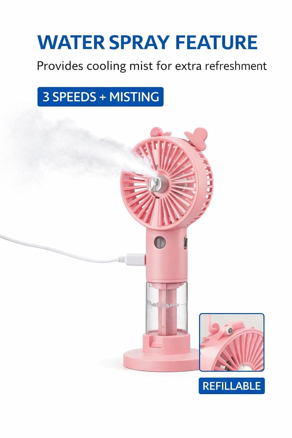 Portable Rechargeable Mini Mist Fan with Refillable Water Tank, 3 Speed