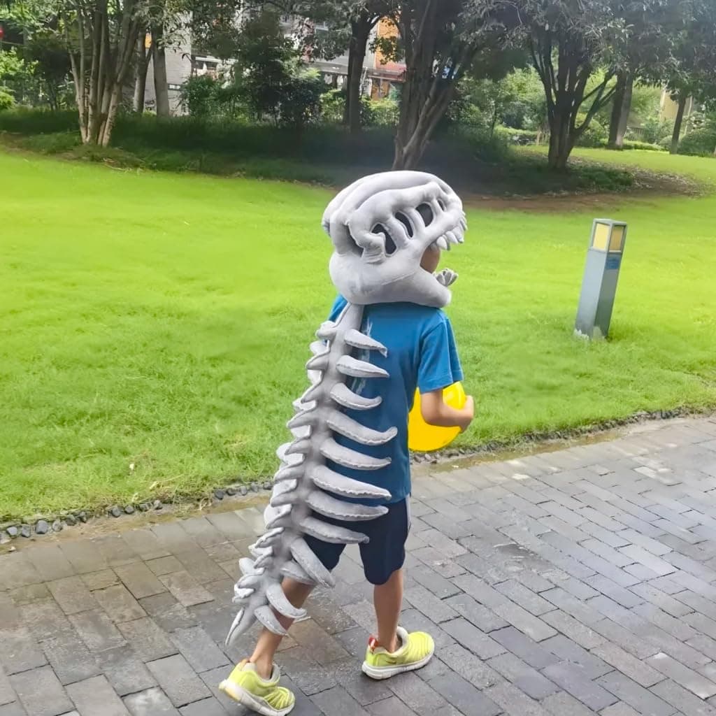 Kids Dinosaur Head Costume Headpiece, Grey Plush Dragon Skull Hood