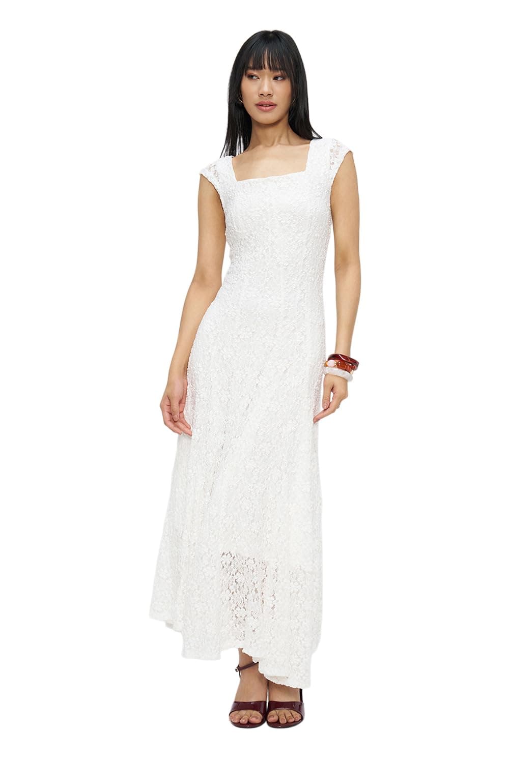 Floral Lace Maxi Dress, Square Neck Sleeveless White Occasion Dress