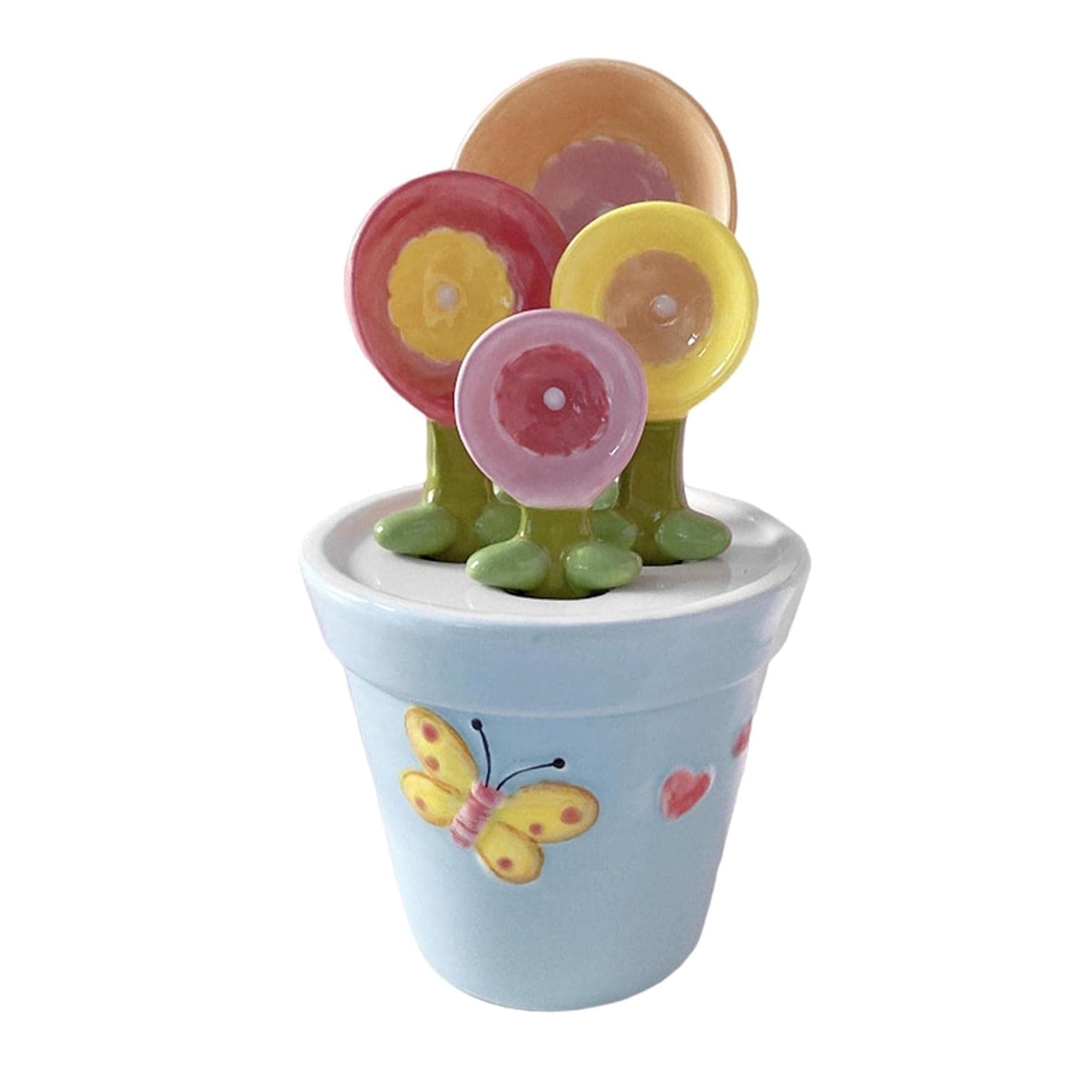 Ceramic Flower Pot Measuring Spoon Set with Holder, 4-Piece Decorative Kitchen Scoop Set
