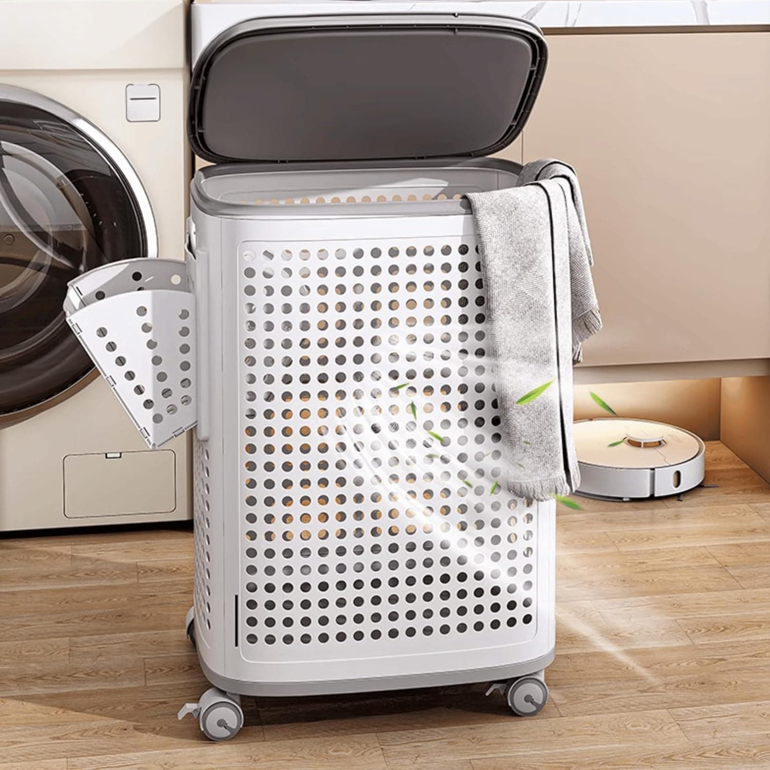 Collapsible Laundry Bin with Lid, Wheels and Side Pull-Out Drawers