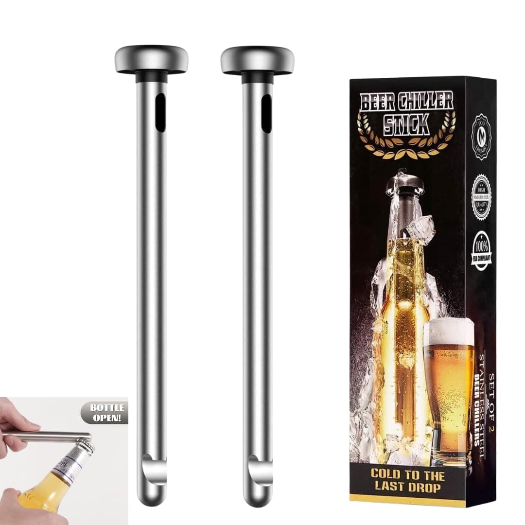 Stainless Steel Beer Chilling Sticks with Bottle Opener, Reusable Freezer Rods Pack of 2