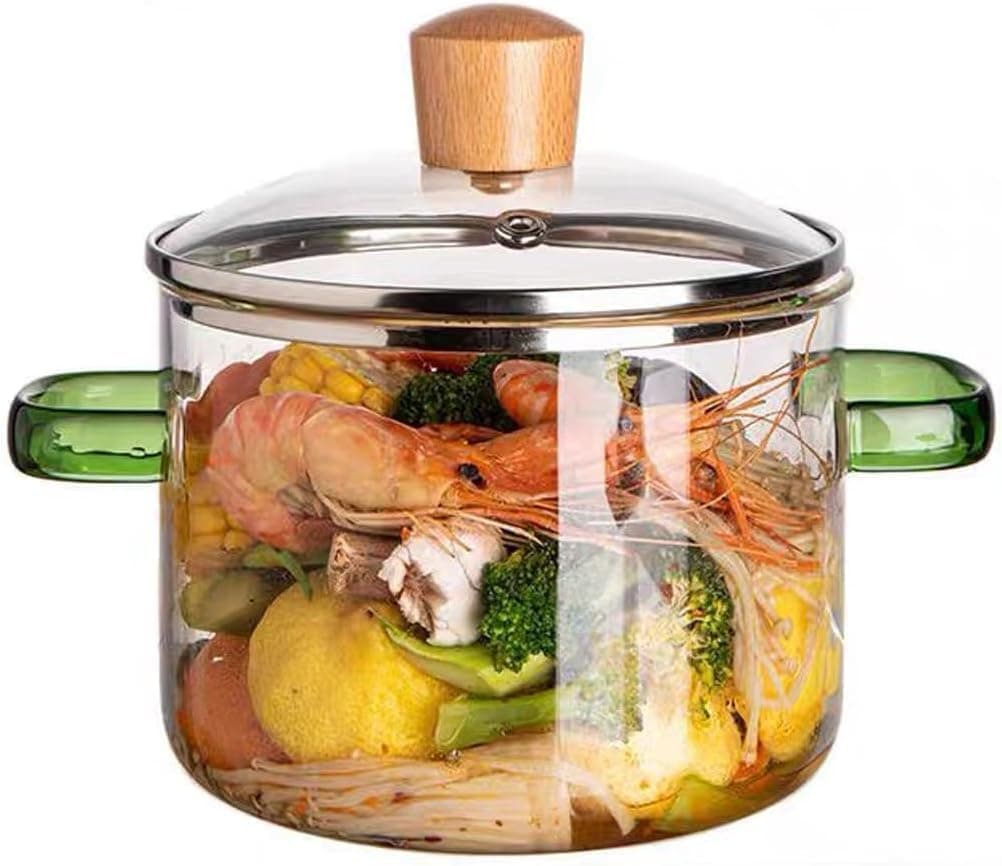 Clear Borosilicate Glass Cooking Pot with Lid, 1.5L Green Handle Simmer Pot