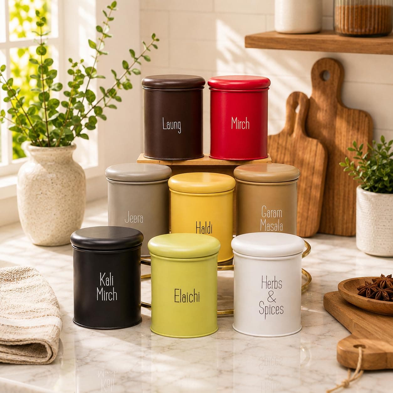 8-Piece Airtight Metal Spice Jar Set, 300 ml Masala Containers with Printed Labels