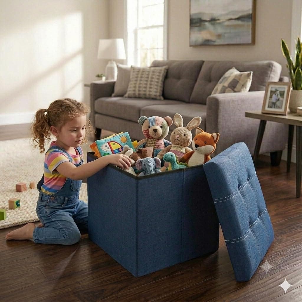 Foldable Storage Ottoman Stool with Hidden Storage, Linen Fabric Square Footrest Seat